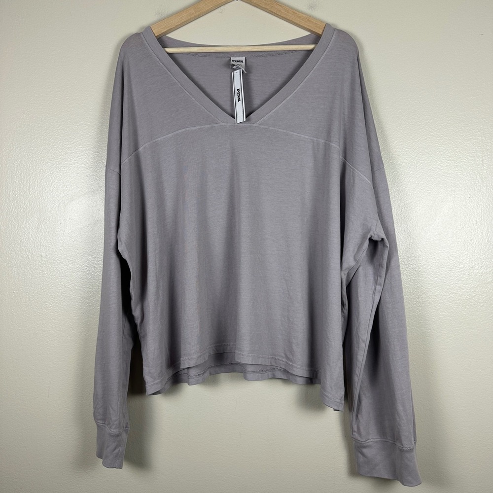 PINK Women's XXL‎ Long Sleeve Tee Lavender Grey Oversized V-Neck Cotton